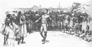 Etching of enslaved people dancing at Congo Square