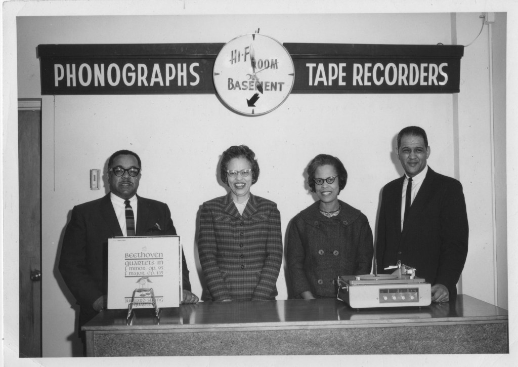 Kelleys and Basses: Left to right: Henry Bass, Mary Ina Bass, Elizabeth Kelley, and Harold Kelley, co-owners of the Specialty Record Shop, circa 1963.