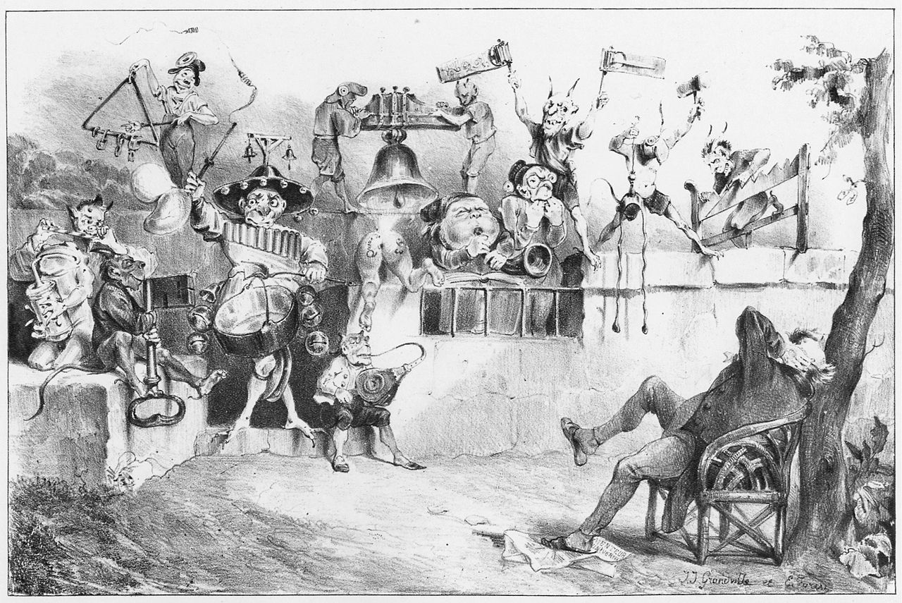 A graphic depicting a charivari
Granville, "Eine Katzenmusik" lithograph published in La Caricature, 1 Sep. 1831