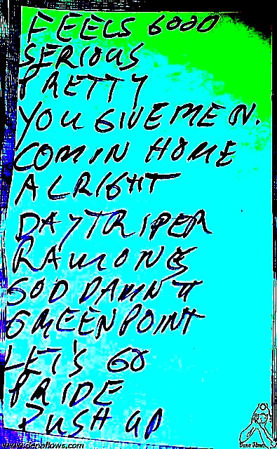 Handwritten set list The Fleshtones, 9/11/12 show in Bilbao, Spain, rendered artistically in acid-washed blue colors