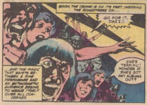 The fans react to Dazzler's singing - from Dazzler #7 (August 1981), by DeFalco, Fingeroth & Springer
