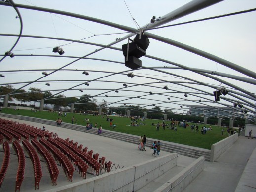 Frank Gehry-designed sound system at the Pritzker Music Pavilion in Millennium Park, Chicago, Image by Flickr User anita 363