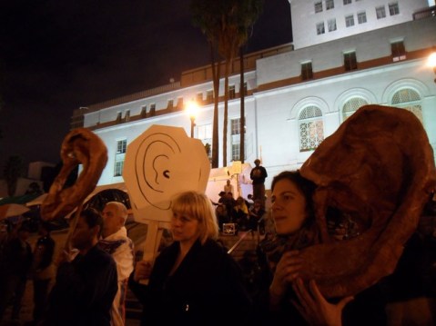 Members and collaborators of ARLA (Paula Cronan, Juliana Snapper, and Elana Mann) participating in a General Assembly at Occupy LA City Hall, November 11, 2011