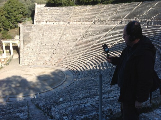 David Hendy Recording at Epidaurus, Image by Matt Thompson/Rockethouse Productions, taken on location