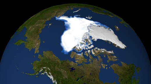 A NASA map of sea ice at the North Pole in September 2007