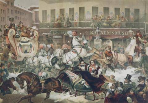 Thomas Benecke's lithograph “Sleighing in New York” from 1855, which shows musicians performing on the balcony of Barnum's Museum on the corner of Broadway and Ann Street.
