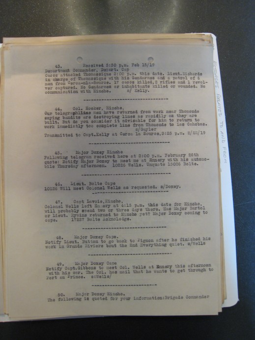 "Messages relayed to and from Cap Haitien via Ouanaminthe", Entry 173 Chief of the Gendarmerie D' Haiti, General Correspondence 1919-1920, Operations against hostile bandits, RD 127, United States National Archives