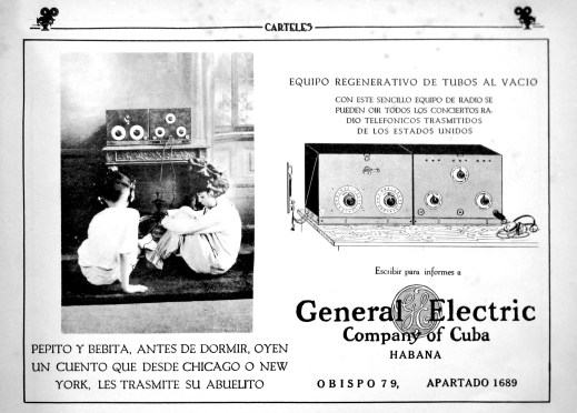 General Electric Ad. "Before going to sleep, Pepito and Bebita listen to a story transmitted by their grandfather, from New York or Chicago." "Carteles," January 1923.