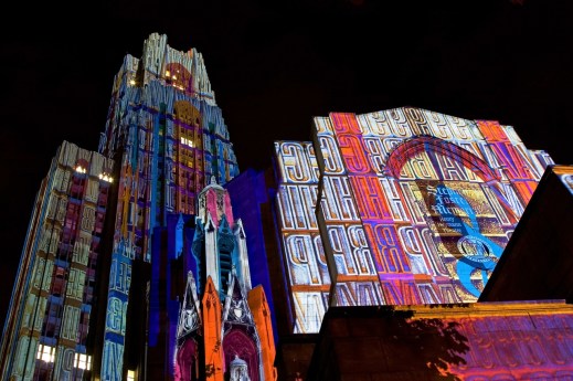 "Cathedral of learning/Stephen Foster Memorial - Painted by Light" by Flickr user Sriram Bala, CC BY-NC 2.0