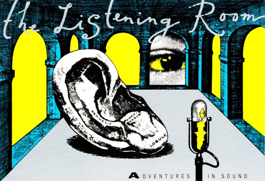 Figure Two: The Listening Room, program logo postcard designed by Antart (c 1990).