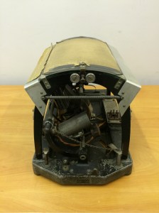 Photograph of the optophone, an early scanner with a rounded glass bookrest.