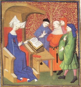 "Christine de Pisan - cathedra" by From compendium of Christine de Pizan’s works, 1413. Produced in her scriptorium in Paris - http://bcm.bc.edu/issues/winter_2010/endnotes/an-educated-lady.html. Licensed under Public Domain via Wikimedia Commons