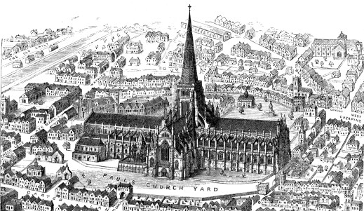Etching of Old St. Paul's Cathedral, London, from Francis Bond's Early Christian Architecture, 1913.